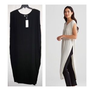 SILK GEORGETTE CREPE BLACK LONG TUNIC HIGH SLIT